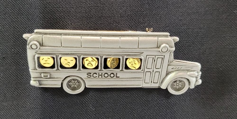 *B9) Vintage J&J Silver Tone School Bus Pin Brooch Jewelry Window Faces Teacher